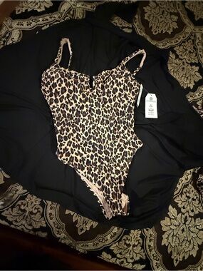 Time and Tru Leopard Print One-Piece Swimsuit - Beige, Black